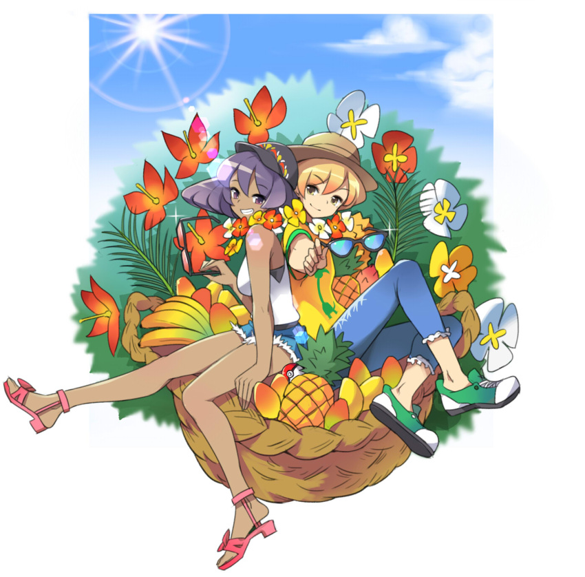 1boy 1girl banana bare_shoulders baseball_cap belt blonde_hair capri_pants clouds cutoffs dark_skin denim denim_shorts dexio_(pokemon) flower food fruit grin hat highres legs looking_at_viewer mango pants pineapple poke_ball pokemon pokemon_(game) pokemon_sm purple_hair sandals shiny shiny_hair short_hair short_shorts shorts sina_(pokemon) sitting sky smile sun sun_hat sunglasses sunglasses_removed tm_(hanamakisan) violet_eyes yellow_eyes