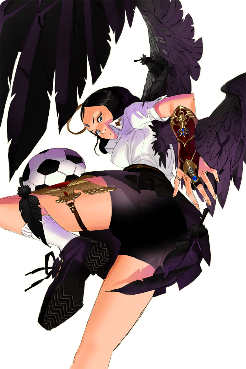 1girl ball black_feathers black_hair black_shoes black_skirt blue_eyes facial_mark forehead_mark from_behind halo highres jewelry official_art ortega_(soccer_spirits) real_(ss) ring shoes skirt soccer_ball soccer_spirits socks solo standing standing_on_one_leg thumb_ring white_legwear wings