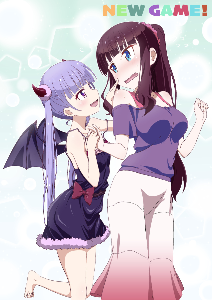 2girls absurdres barefoot black_dress black_wings blue_eyes collarbone copyright_name demon_wings dress eye_contact fang hair_ornament hair_scrunchie high_ponytail highres holding_hands horns long_hair looking_at_another multiple_girls new_game! off_shoulder one_leg_raised open_mouth pink_x purple_hair rown_hair scrunchie suzukaze_aoba takimoto_hifumi twintails violet_eyes wings
