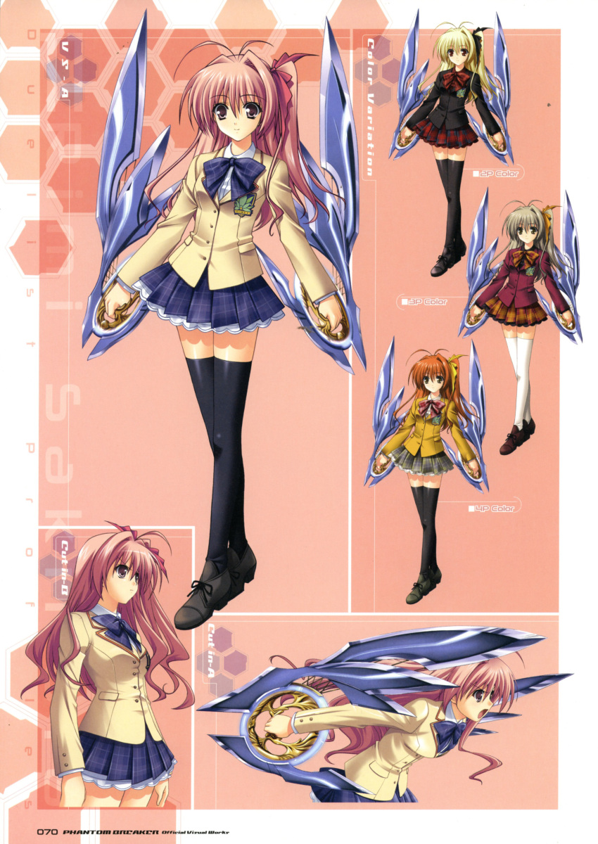 1girl absurdres blazer blonde_hair concept_art crossed_legs grey_hair highres holding holding_weapon jacket long_hair orange_hair phantom_breaker pink_hair pleated_skirt ribbon school_uniform shoes side_ponytail simple_background skirt smile standing suzuhira_hiro violet_eyes weapon white_legwear