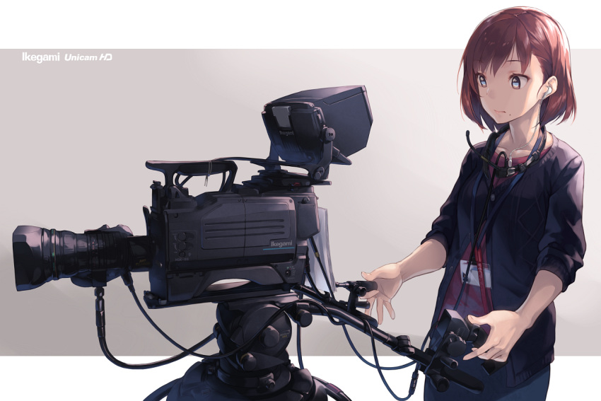1girl brown_eyes camera_lens earpiece eye_reflection headset original product_placement redhead reflection simple_background solo tripod tv_camera yomo_(majidon)