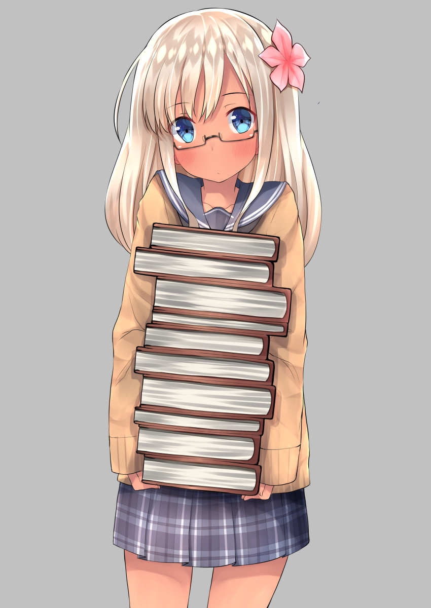 1girl absurdres alternate_costume bespectacled blonde_hair blue_eyes blush book book_stack cardigan carrying commentary_request cowboy_shot flower glasses go-1 grey_background hair_flower hair_ornament head_tilt highres holding holding_book kantai_collection pleated_skirt ro-500_(kantai_collection) school_uniform semi-rimless_glasses skirt solo tan