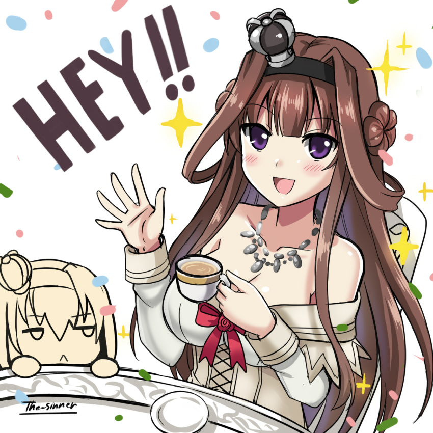 2girls :&lt; :d artist_name blush breasts brown_hair chibi_inset cleavage closed_mouth collarbone crown cup double_bun dress english eyebrows eyebrows_visible_through_hair hair_between_eyes hairband highres holding jewelry jitome kantai_collection kongou_(kantai_collection) large_breasts long_hair long_sleeves looking_at_viewer mini_crown multiple_girls necklace off-shoulder_dress off_shoulder open_mouth partially_colored saucer simple_background smile sparkle tea teacup the-sinner violet_eyes warspite_(kantai_collection) warspite_(kantai_collection)_(cosplay) waving white_background white_dress