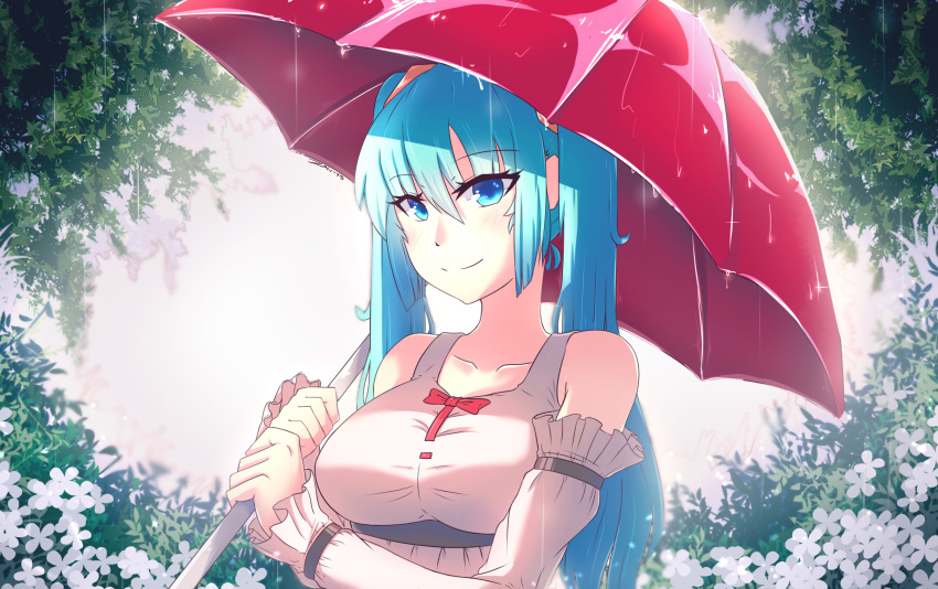 1girl absurdres bangs bare_shoulders blue_eyes blue_hair blush bow breasts bush closed_mouth collarbone detached_sleeves flower hair_ornament hatsune_miku highres holding holding_umbrella large_breasts long_hair looking_at_viewer nas_(z666ful) rain red_bow smile solo twintails umbrella upper_body vocaloid
