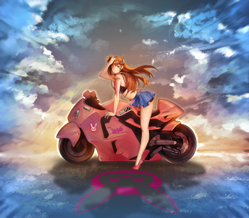 1girl ;) acronym arm_support bangs bare_shoulders blue_skirt brown_eyes brown_hair bunny_print character_name closed_mouth clouds cloudy_sky crop_top d.va_(overwatch) emblem facepaint facial_mark from_side ground_vehicle hand_on_own_head hand_up highres hinew_kim logo looking_at_viewer miniskirt motor_vehicle motorcycle one_eye_closed overwatch pink_shoes pleated_skirt reflection shoes skirt sky sleeveless smile solo whisker_markings