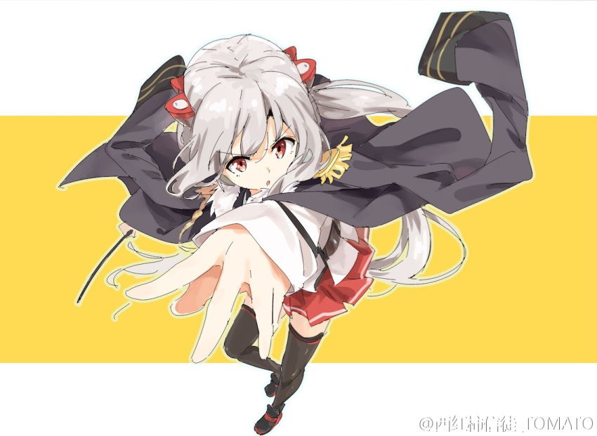 &gt;:o 1girl :o aiguillette belt black_jacket black_legwear black_shoes epaulettes foreshortening from_above full_body grey_hair hair_ornament jacket jacket_on_shoulders long_sleeves looking_at_viewer looking_up low_ponytail military military_uniform outline pleated_skirt pointer red_eyes red_skirt ryuujou_(zhan_jian_shao_nyu) shoes simple_background skirt solo thigh-highs tomato_(lsj44867) uniform weibo_username white_jacket white_outline zhan_jian_shao_nyu