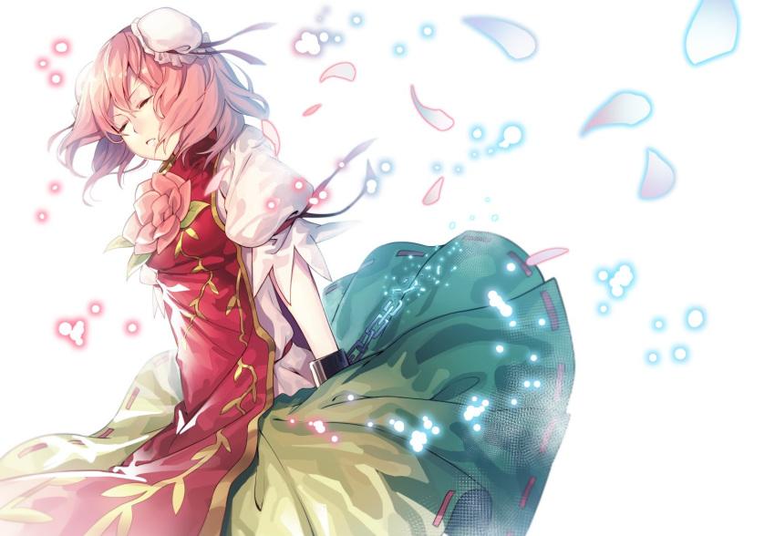 1girl arm_garter arms_at_sides bandaged_arm bloom breasts bun_cover chain chinese_clothes closed_eyes cowboy_shot cuffs double_bun flower from_side green_skirt hair_bun highres ibaraki_kasen light_particles parted_lips petals pink_hair pink_rose puffy_short_sleeves puffy_sleeves rose shackles short_hair short_sleeves skirt small_breasts solo tabard touhou uu_uu_zan