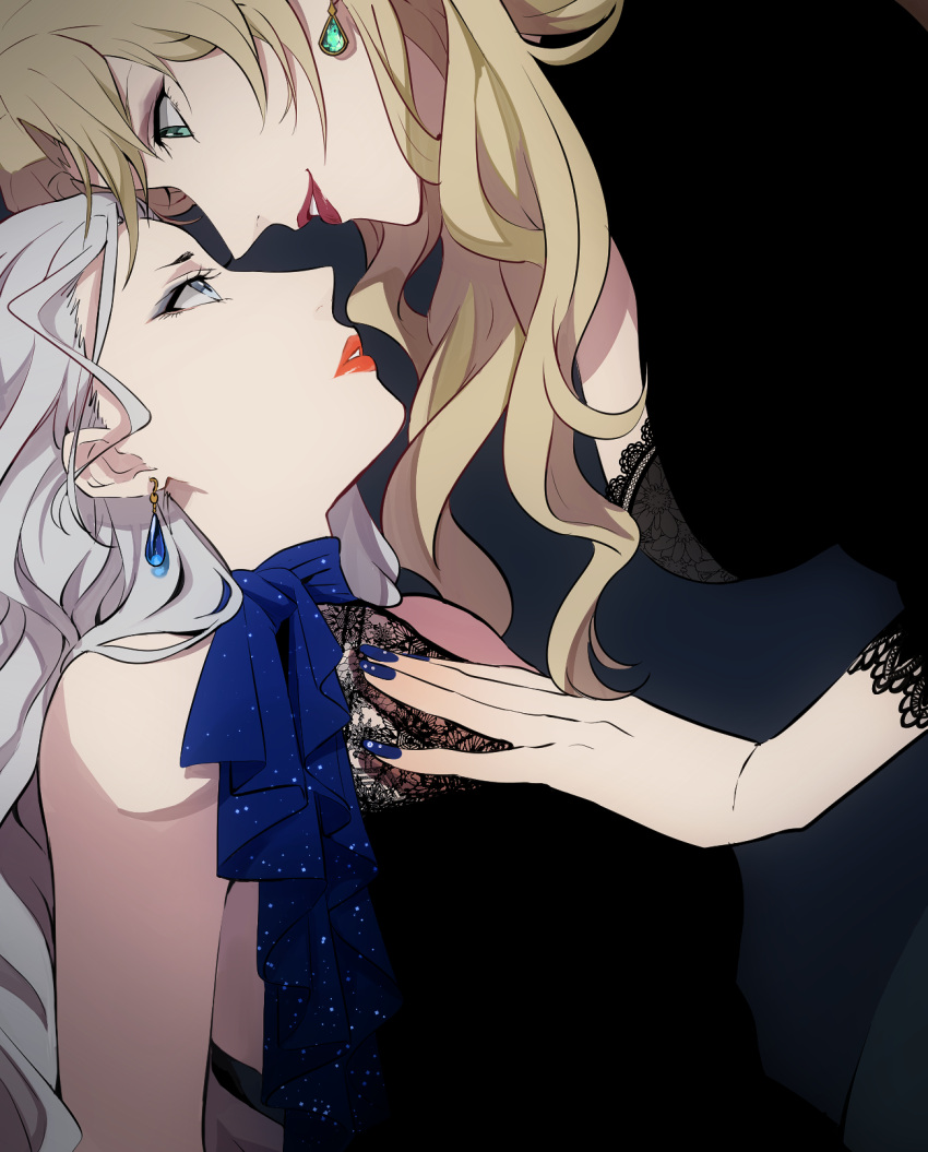 2girls bare_shoulders blonde_hair blue_eyes blue_nails breasts curacao earrings eye_contact formal from_side grey_eyes hand_on_another's_chest highres jewelry lace lace-trimmed_sleeves long_hair looking_at_another looking_down looking_up makeup meitantei_conan multiple_girls nail_polish nuku parted_lips profile red_lips silver_hair sleeveless upper_body vermouth_(meitantei_conan) wavy_hair yuri