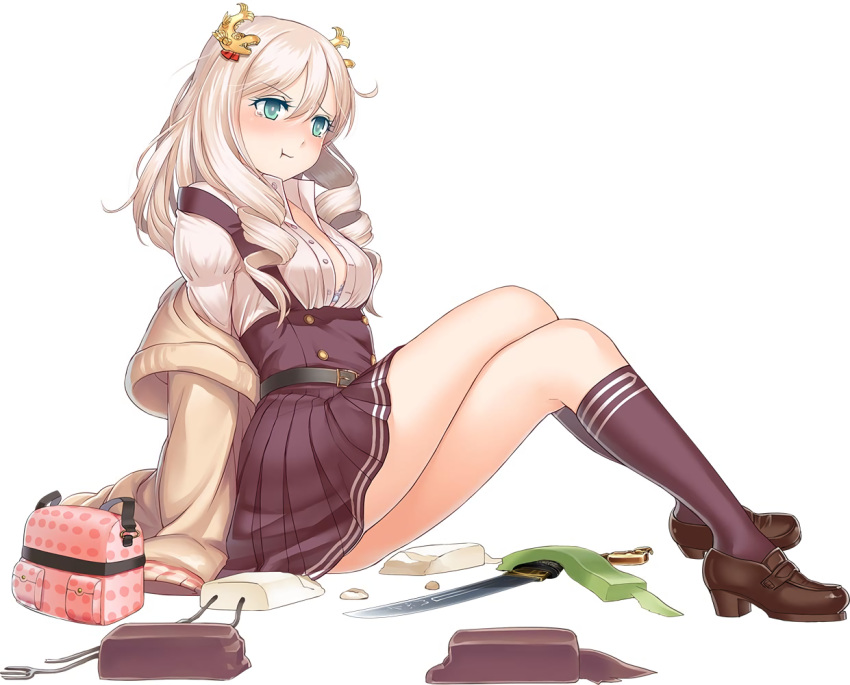 1girl aqua_eyes artist_request blade blonde_hair character_request copyright_request crossed_legs hair_ornament loafers long_hair long_sleeves off_shoulder shoes simple_background sitting skirt solo white_background