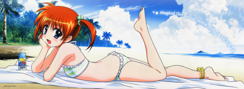 absurdres arm_support ass beach bikini blue_eyes brown_hair copyright_name from_side hair_bobbles hair_ornament highres huge_filesize looking_at_viewer lying lyrical_nanoha mahou_shoujo_lyrical_nanoha mahou_shoujo_lyrical_nanoha_the_movie_1st okuda_yasuhiro on_stomach open_mouth outdoors palm_tree short_hair short_twintails striped striped_bikini swimsuit takamachi_nanoha tree twintails
