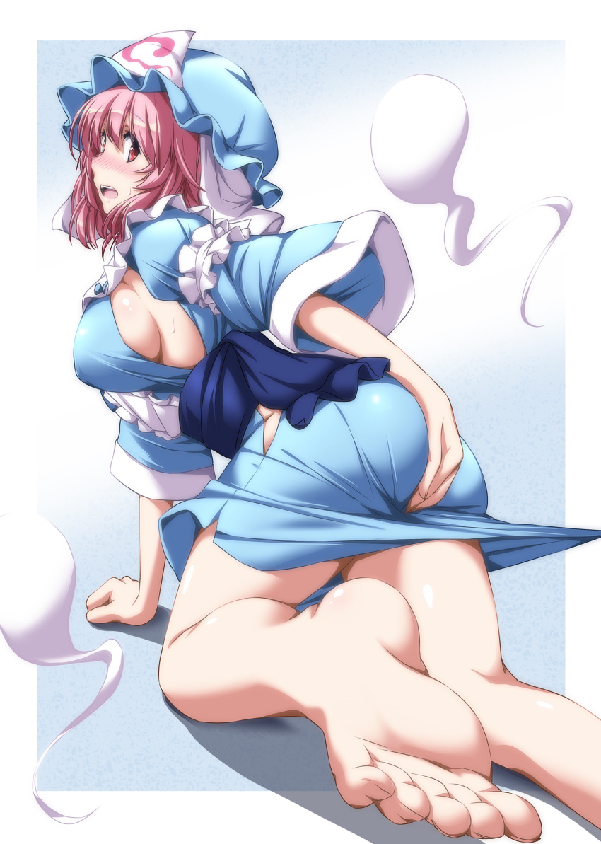 1girl adapted_costume arm_garter arm_support barefoot blush breasts clothes_pull foreshortening frills hat highres hitodama japanese_clothes kimono kneeling large_breasts long_sleeves looking_to_the_side mob_cap nori_tamago nose_blush open_mouth pink_hair pulled_by_another red_eyes saigyouji_yuyuko sash short_hair short_kimono side_glance side_slit sideboob soles solo toes touhou triangular_headpiece wide_sleeves