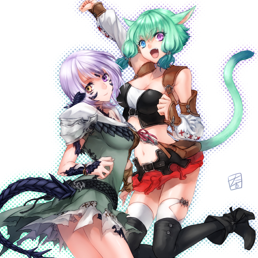 2girls :d animal_ears ankle_boots aqua_hair arm_guards arm_up armband au_ra bag bangs belt belt_buckle black_boots black_legwear blue_eyes boots breasts buckle cat_ears cat_tail clenched_hands closed_mouth collarbone crop_top cross-laced_clothes daikichi_maru detached_sleeves dragon_girl dragon_horns dragon_tail dress eyebrows eyebrows_visible_through_hair eyelashes facial_mark fang final_fantasy final_fantasy_xiv forehead_mark hair_tubes heterochromia high_heel_boots high_heels highres horns jewelry jumping lavender_hair long_hair looking_at_viewer medium_breasts midriff miniskirt miqo'te multiple_girls navel open_mouth pointy_ears polka_dot purple_hair red_skirt scales shade short_dress short_hair short_sleeves sidelocks silver_hair skirt smile spaulders stomach strapless tail thigh-highs violet_eyes white_background yellow_eyes