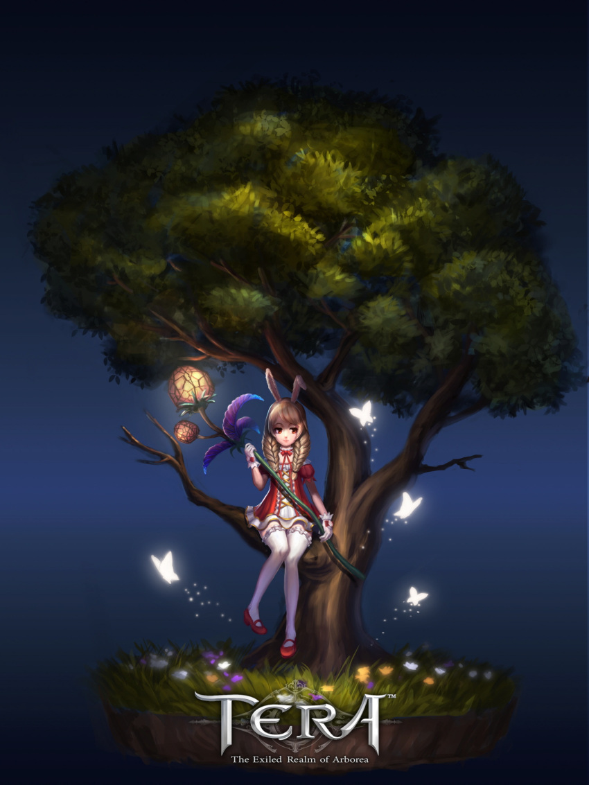 1girl animal_ears blonde_hair braid brown_eyes butterfly copyright_name dress elin_(tera) gloves highres in_tree light long_hair mary_janes rabbit_ears shoes sitting sitting_in_tree smile solo staff tera_online thigh-highs tree twin_braids twintails whie_legwear