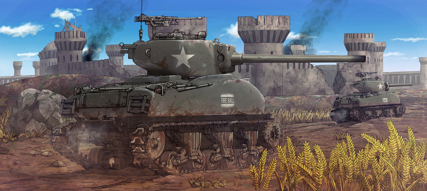 after_battle blue_sky browning_m2 cannon castle caterpillar_tracks clouds damaged earasensha ground_vehicle gun heavy_machine_gun m4_sherman m4a1_sherman machine_gun medium_tank military military_vehicle motor_vehicle no_humans road rock scenery shovel sky smoke star tank war_thunder weapon wheat_field worktool world_war_ii