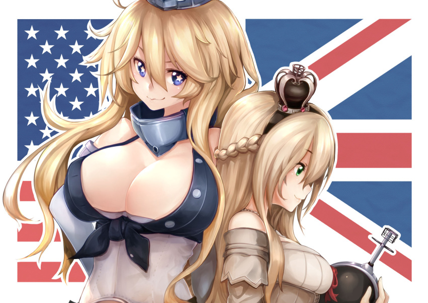 2girls american_flag bare_shoulders blonde_hair blue_eyes braid breasts cleavage detached_sleeves dress flag_background french_braid front-tie_top green_eyes hachachi hair_between_eyes height_difference highres iowa_(kantai_collection) kantai_collection large_breasts light_smile lips long_hair looking_at_viewer multiple_girls off-shoulder_dress off_shoulder profile short_hair smile split_theme star star-shaped_pupils symbol-shaped_pupils union_jack warspite_(kantai_collection) white_dress