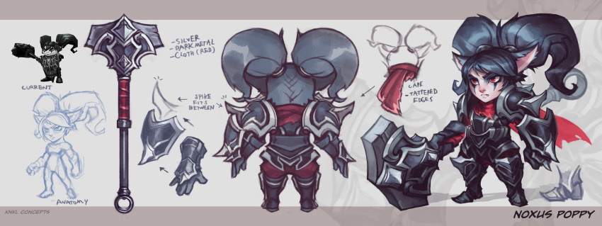 1girl alternate_costume alternate_hairstyle animal_ears armor artist_name black_hair buckler character_name concept_art eyeshadow fang hammer highres kienan_lafferty league_of_legends makeup multiple_views poppy red_eyes scarf shield sketch slit_pupils spikes turnaround twintails weapon