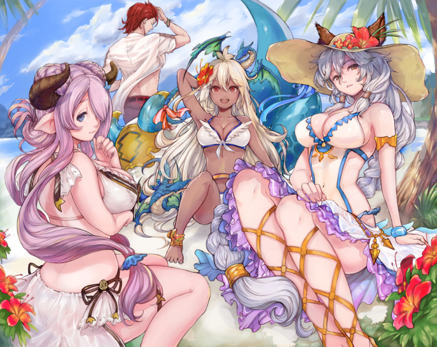 1boy 3girls ahoge alternate_costume ankle_lace-up anklet arm_behind_back ass bare_legs bare_shoulders barefoot beach bikini braid breasts closed_eyes clouds cloudy_sky commentary_request cross-laced_footwear dark_skin demon_horns doraf dragon erun_(granblue_fantasy) flower from_behind granblue_fantasy hair_ornament heles hibiscus horns iwagami jewelry large_breasts lavender_hair long_hair looking_at_viewer low_twintails medium_breasts midriff multiple_girls narumeia_(granblue_fantasy) navel one-piece_swimsuit outdoors palm_leaf palm_tree percival_(granblue_fantasy) pointy_ears red_eyes redhead sand sandals short_hair silver_hair single_braid sitting sky standing swimsuit the_order_grande thigh_strap thighs tree twintails very_long_hair white_bikini white_hair white_swimsuit yellow_eyes