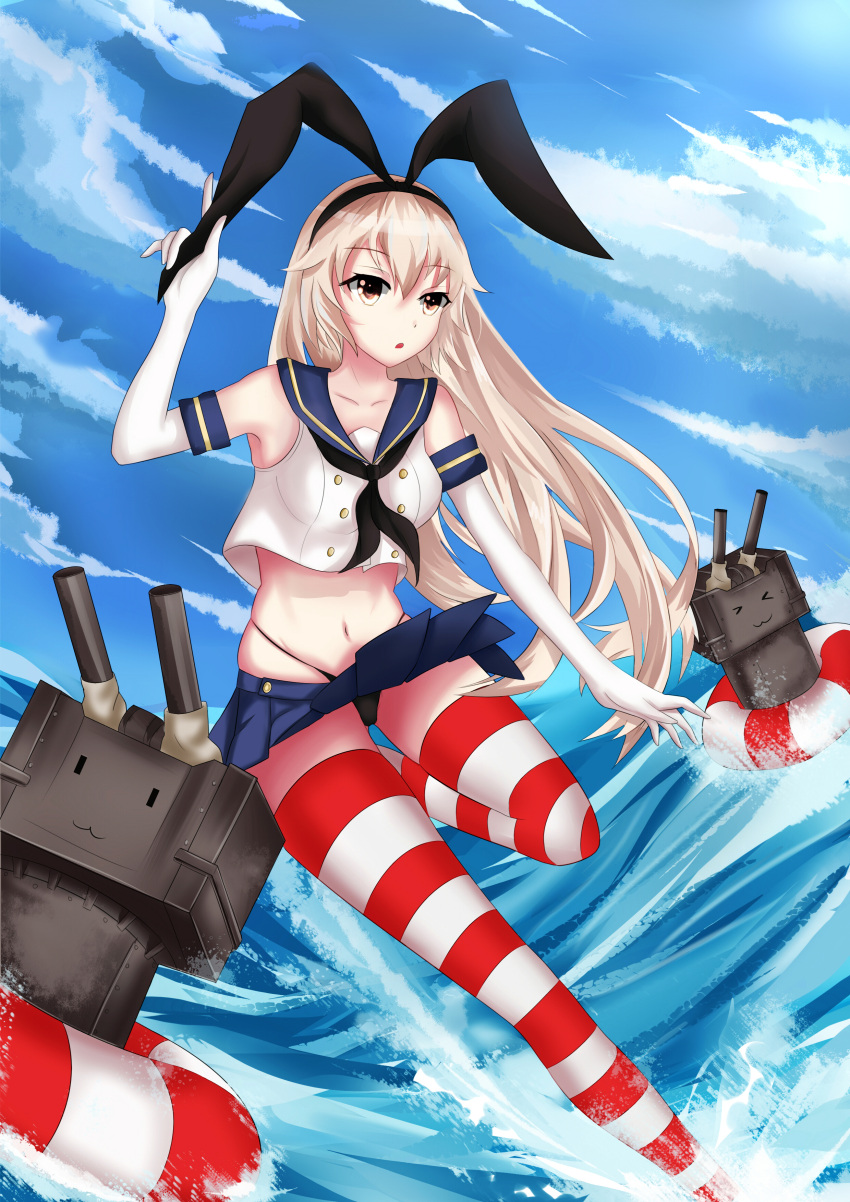 1girl absurdres black_panties black_ribbon blonde_hair blue_skirt collarbone crop_top crop_top_overhang elbow_gloves eyebrows eyebrows_visible_through_hair gloves hair_ribbon highleg highleg_panties highres kantai_collection long_hair microskirt midriff navel outdoors panties pleated_skirt ribbon shimakaze_(kantai_collection) shirt skirt skirt_lift solo striped striped_legwear thigh-highs underwear water white_gloves white_shirt wind wind_lift yellow_eyes zqzqy