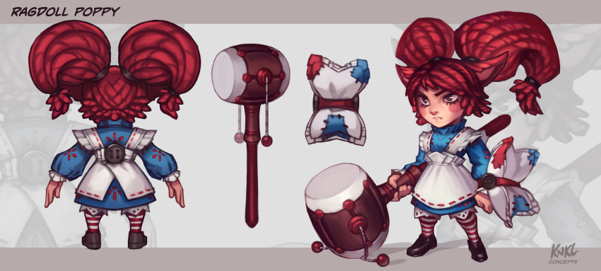 1girl alternate_costume alternate_hairstyle animal_ears apron artist_name blush_stickers brown_eyes buckler buttons character_name concept_art denden_daiko dress fang highres kienan_lafferty league_of_legends multiple_views pillow poppy rattle_drum redhead shield striped striped_legwear turnaround twintails yarn