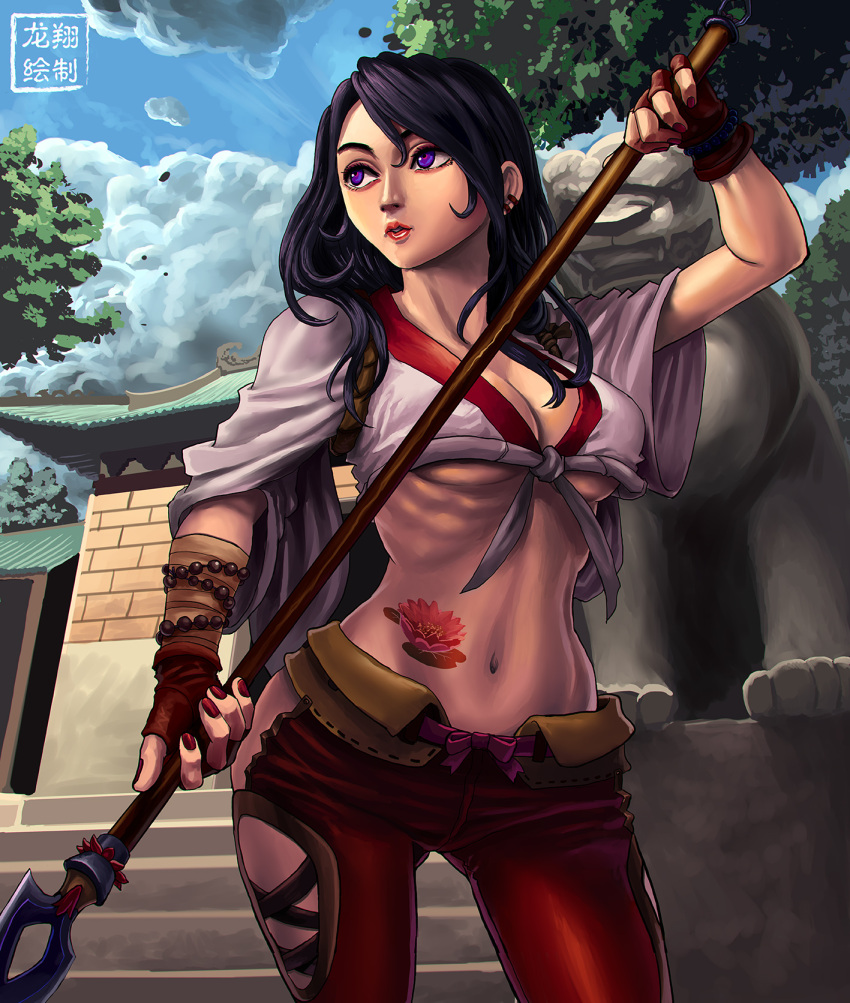 1girl black_hair bracelet breasts cleavage commentary crop_top ear_piercing eyebrows fighting_stance front-tie_top highres hip_vent jewelry large_breasts lips long_hair nail_polish navel no_bra pants piercing polearm ribs ryu_shou solo spear tattoo the_chronicle_of_black_phoenix under_boob violet_eyes weapon