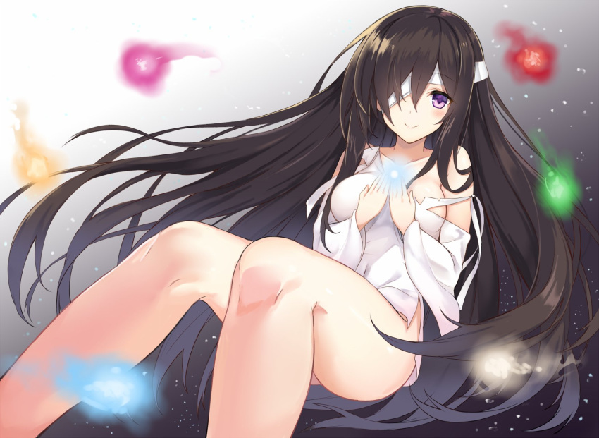 1girl bandage_over_one_eye bare_legs black_hair blush borrowed_character bottomless breasts closed_mouth collarbone commentary_request covered_navel foreshortening hair_over_one_eye highres hitodama kurifuto large_breasts long_hair long_sleeves looking_at_viewer no_pants off_shoulder original seven_days_~anata_to_sugosu_nanokakan~ shirt sidelocks smile solo torn_clothes torn_shirt very_long_hair violet_eyes white_shirt wide_sleeves