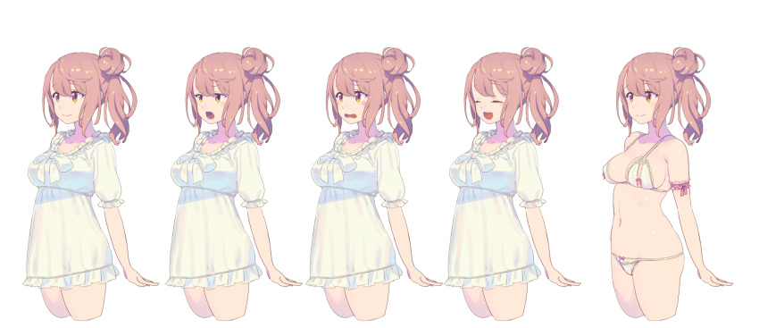 1girl :d :o ^_^ arm_at_side arm_garter bangs blush bow bra breasts brown_hair cevio closed_eyes closed_mouth cropped_legs double_bun dress eyebrows eyebrows_visible_through_hair frilled_dress frilled_sleeves frills highres large_breasts multiple_views nagisa_kurousagi open_mouth panties ribbon satou_sasara short_dress short_sleeves side_ponytail simple_background smile tears underwear underwear_only variations white_background white_bow white_bra white_dress white_panties yellow_eyes