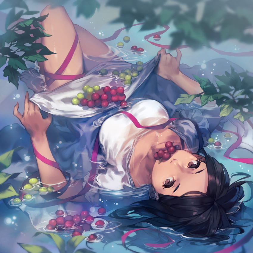 1girl black_hair blurry breasts brown_eyes character_request depth_of_field dress dress_lift food fruit grapes highres leaf lee_hyeseung long_hair looking_at_viewer lying medium_breasts mouth_hold on_back partially_submerged ribbon ripples solo water wet wet_clothes white_dress