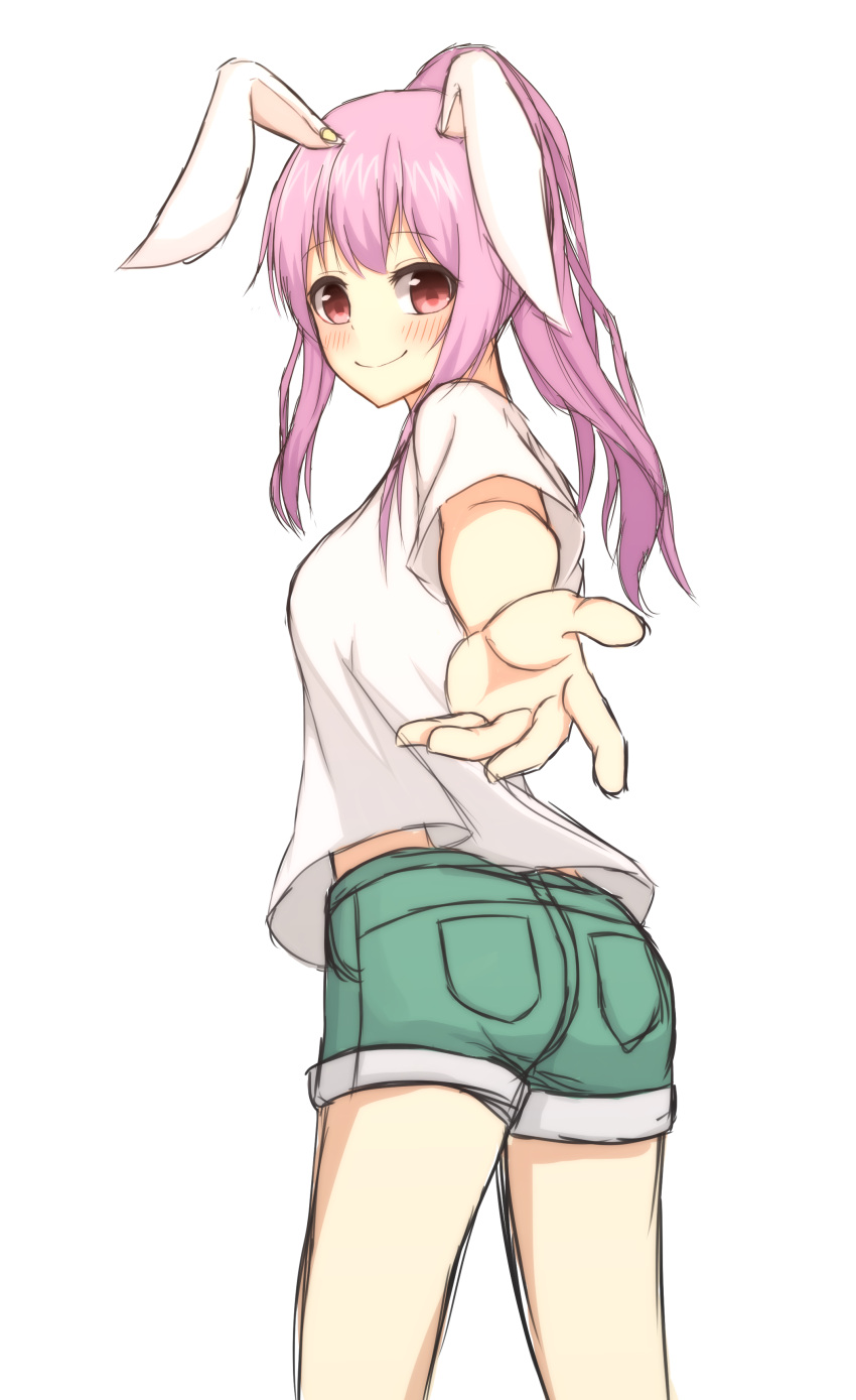 1girl absurdres animal_ears casual highres long_hair outstretched_hand ozu_(agito100001) pink_eyes pink_hair ponytail rabbit_ears reisen_udongein_inaba shirt short_shorts shorts smile solo t-shirt touhou white_shirt