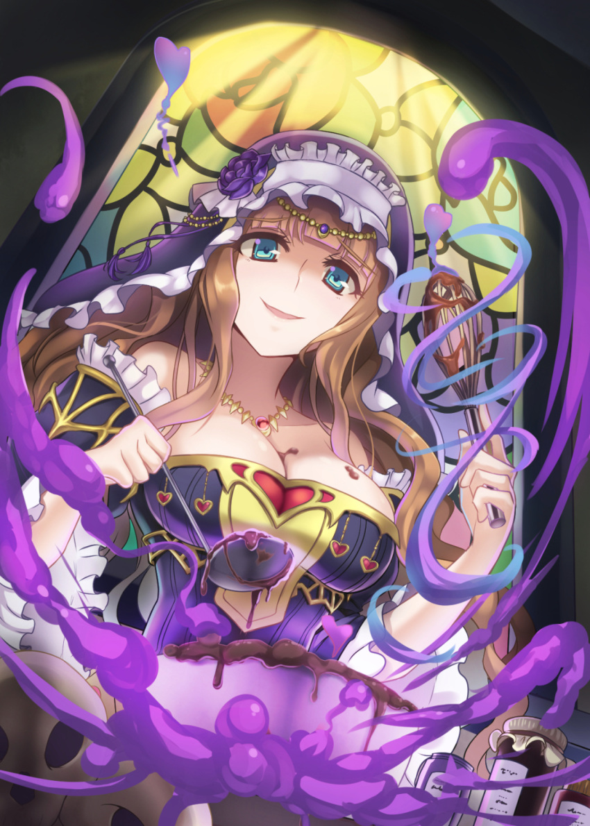 1girl a-na aqua_eyes bare_shoulders bottle breasts brown_hair character_request chocolate cleavage cooking habit heart highres jewelry ladle large_breasts long_hair long_sleeves necklace slime smile solo source_request stained_glass wavy_hair whisk