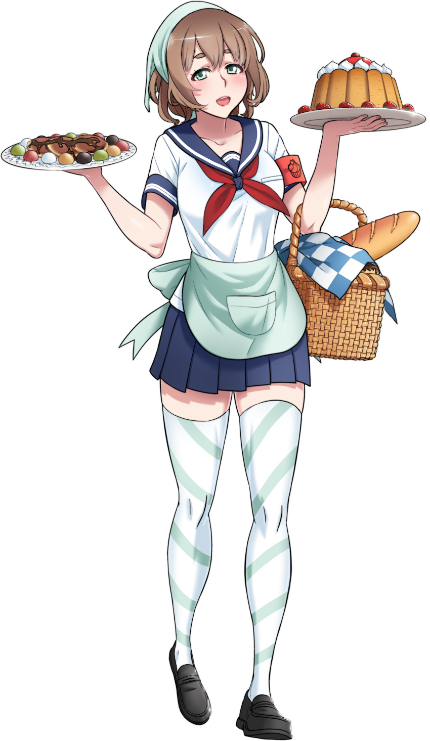 1girl absurdres amai_odayaka apron brown_hair cake flustered food green_eyes happy highres official_art open_mouth school_uniform short_hair simple_background smile solo transparent_background yandere_simulator