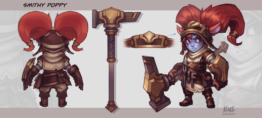 1girl alternate_costume alternate_hairstyle animal_ears artist_name buckler character_name concept_art fang gloves goggles goggles_on_head hair_ornament hammer helmet highres kienan_lafferty league_of_legends multiple_views poppy red_eyes redhead shield tool_belt turnaround twintails weapon