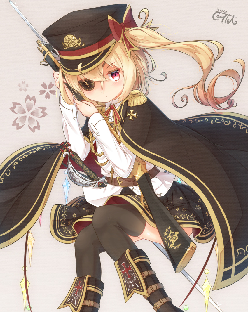 1girl bangs bayonet belt belt_buckle black_cape black_footwear black_legwear black_skirt blonde_hair blush boots bow brown_background brown_belt brown_hat buckle cape closed_mouth collared_shirt commentary_request coreytaiyo dated dress_shirt epaulettes eyebrows_behind_hair eyepatch flandre_scarlet floral_background gun hair_between_eyes hat highres holding holding_gun holding_weapon long_hair long_sleeves looking_at_viewer military military_hat military_uniform multicolored multicolored_cape multicolored_clothes one_side_up peaked_cap pleated_skirt red_bow red_cape red_eyes shirt signature skirt solo thigh-highs thighhighs_under_boots thighs touhou uniform untucked_shirt v-shaped_eyebrows weapon weapon_request white_shirt