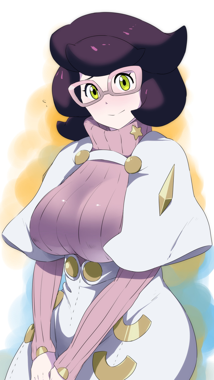 1girl absurdres breasts flying_sweatdrops glasses green_eyes highres large_breasts long_hair looking_at_viewer pokemon pokemon_(game) pokemon_sm purple_hair smile solo sweater tonotyama turtleneck turtleneck_sweater v_arms wicke_(pokemon)