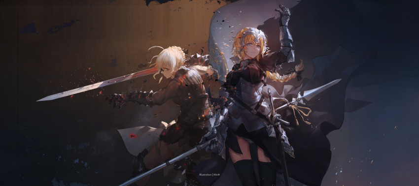 2girls armor armored_dress blonde_hair braid broken_mask dark_excalibur excalibur fate/stay_night fate_(series) fighting_stance flag gauntlets hair_ribbon hand_up highres holding holding_sword holding_weapon looking_at_viewer mivit multiple_girls polearm pose ribbon ruler_(fate/apocrypha) saber saber_alter single_braid skirt sword thigh-highs tress_ribbon weapon yellow_eyes zettai_ryouiki