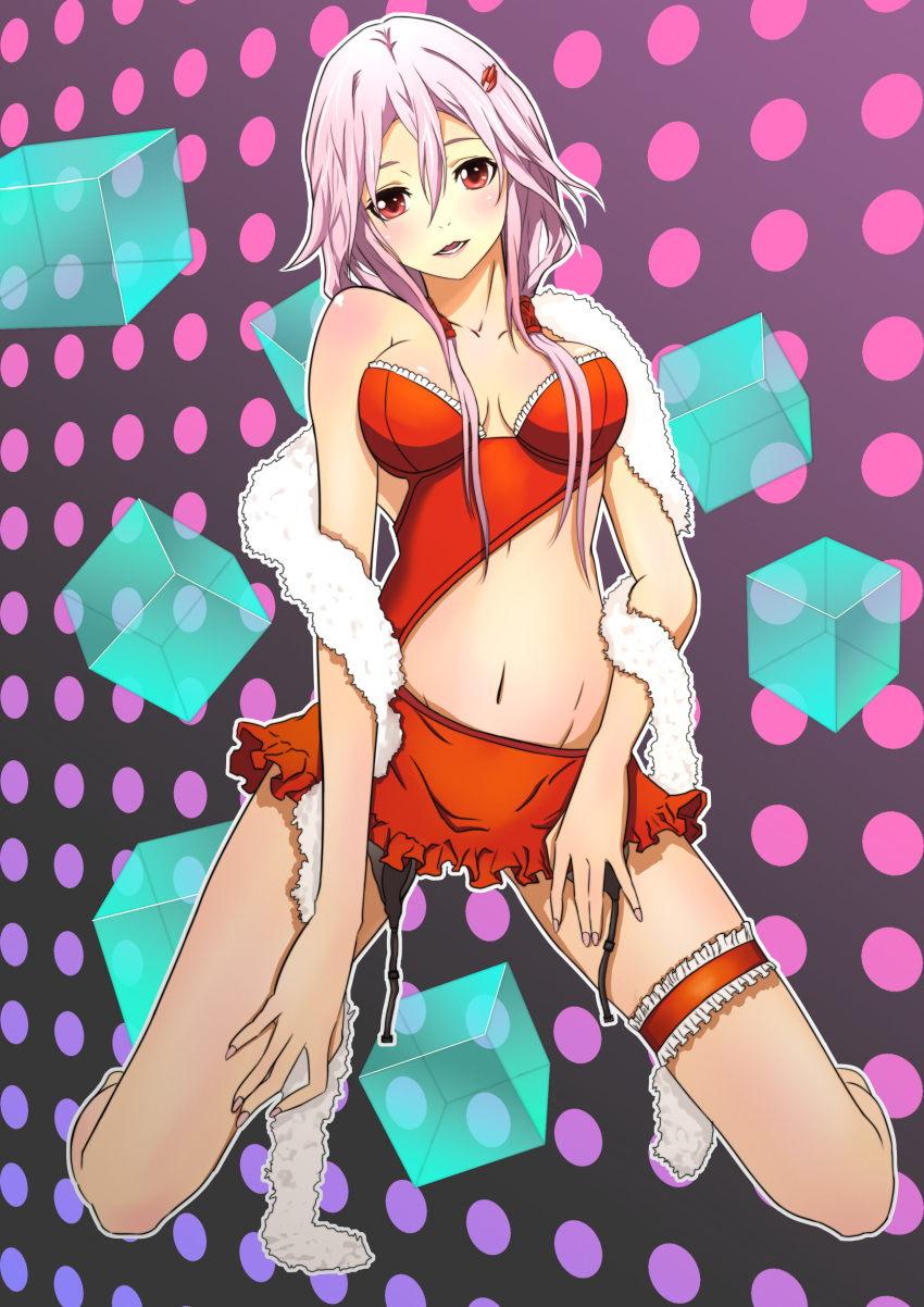 1girl absurdres artist_request bare_shoulders breasts cleavage feather_boa garter_straps groin guilty_crown highres kneeling navel open_mouth pink_hair polka_dot polka_dot_background red_eyes short_hair solo teeth yuzuriha_inori