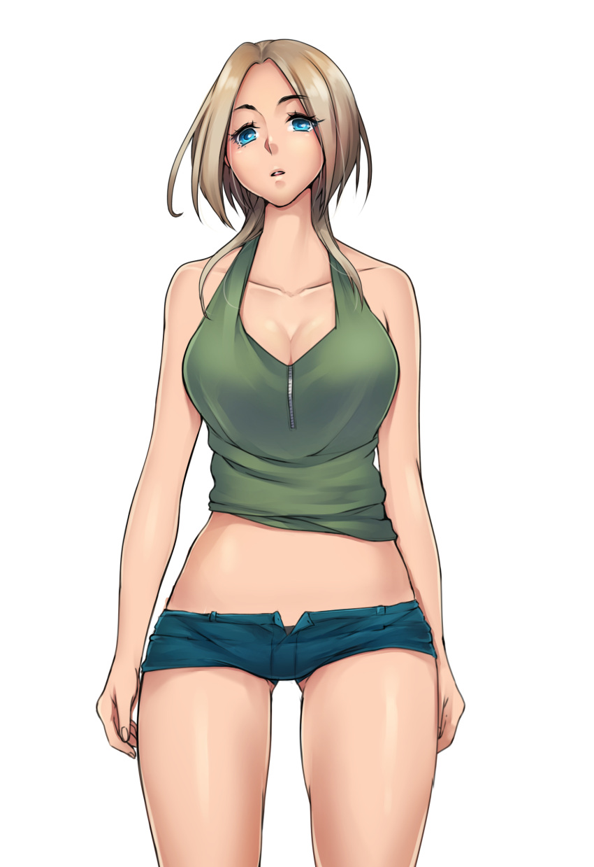 1girl absurdres bare_shoulders blonde_hair blue_eyes breasts collarbone highres large_breasts long_hair medium_breasts midriff miura_hajime no_navel original parted_lips short_hair short_shorts shorts simple_background solo thighs white_background