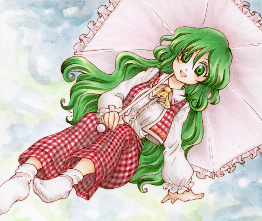 1girl :d blush cravat full_body green_eyes happy highres io_(maryann_blue) kazami_yuuka kazami_yuuka_(pc-98) long_hair looking_at_viewer multiple_girls open_mouth pants plaid plaid_pants plaid_vest smile socks solo touhou touhou_(pc-98) umbrella very_long_hair vest wavy_hair