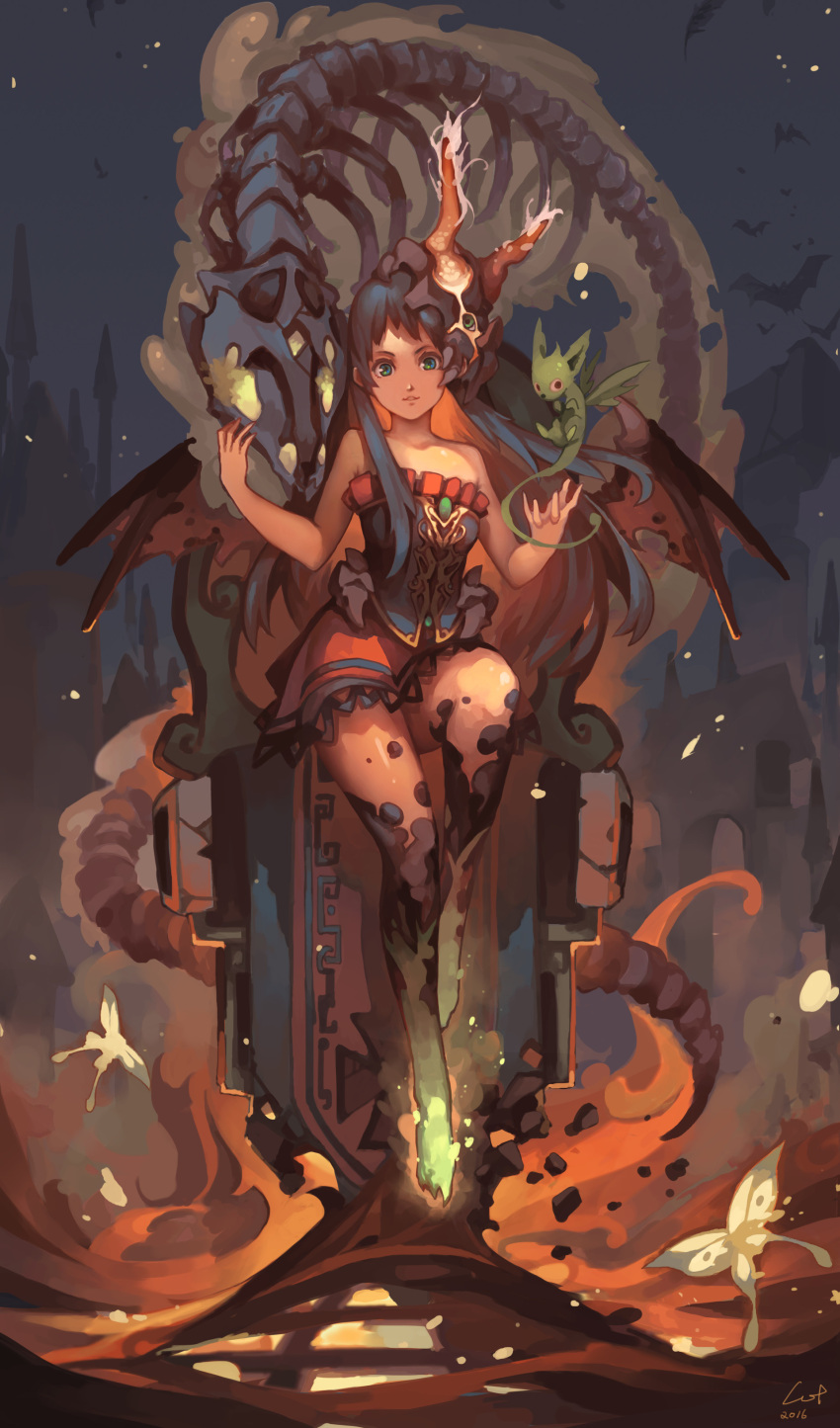 1girl 2016 absurdres bangs bare_shoulders bat black_hair blue_eyes butterfly collarbone commentary cotton_tan creature dated demon_girl dress frills hands_up headwear highres long_hair looking_at_viewer monster sidelocks signature skirt skirt_set sleeveless solo thigh-highs