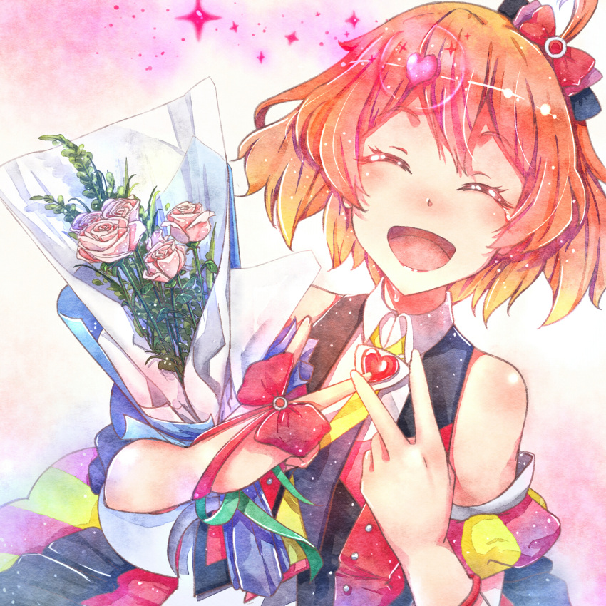1girl ahoge area_(4009079) bare_shoulders blonde_hair blush bouquet bow closed_eyes double_v flower freyja_wion gradient_hair hair_bow hair_ornament heart highres idol_clothes macross macross_delta multicolored_hair open_mouth orange_hair red_rose rose short_hair smile solo tears upper_body v