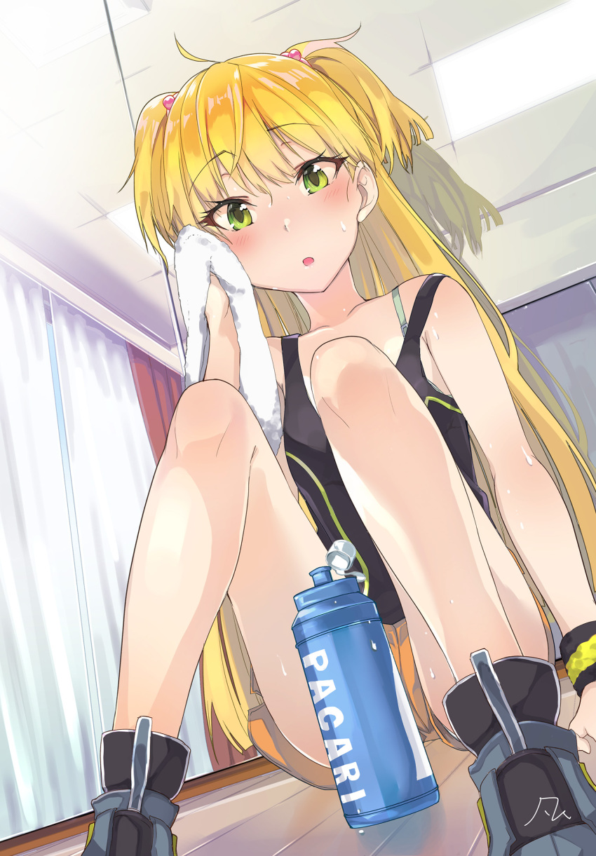 1girl bangs bare_shoulders black_tank_top blonde_hair blush bra eyebrows_visible_through_hair green_bra green_eyes highres idolmaster idolmaster_cinderella_girls indoors jougasaki_rika long_hair looking_at_viewer mirror on_floor open_mouth orange_shorts panties panty_peek pink_scrunchie short_shorts shorts sitting solo strap_slip sweat sweatband tank_top underwear very_long_hair white_panties wiping_sweat wooden_floor yanngoto