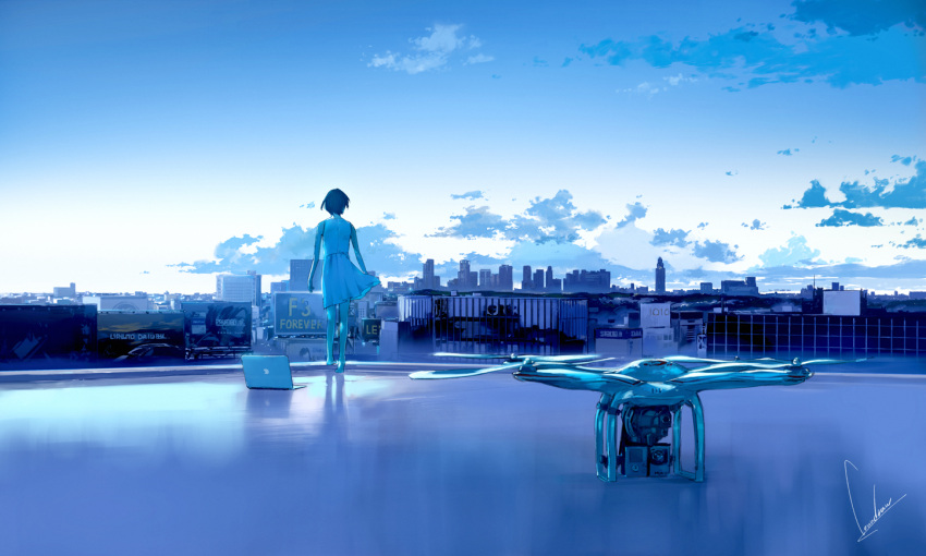 1girl apple_inc. barefoot black_hair blue blurry building city cityscape clouds computer depth_of_field drone from_behind laptop looking_afar loundraw macintosh original rooftop scenery short_hair sign signature skirt sky sleeveless solo wind