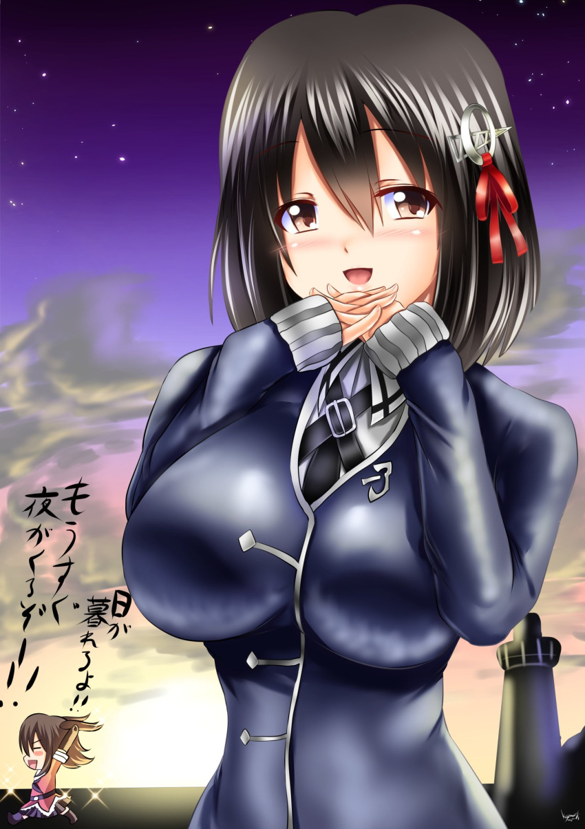 1girl :d arms_up black_hair blush blush_stickers breasts brown_eyes brown_hair chibi closed_eyes clouds eyebrows eyebrows_visible_through_hair gloves haguro_(kantai_collection) hair_ornament hairclip highres huge_breasts kantai_collection kogawawaki looking_at_viewer military military_uniform neckerchief necktie open_mouth pleated_skirt remodel_(kantai_collection) sendai_(kantai_collection) short_hair signature skirt sky sleeves_past_wrists smile star_(sky) sunset translation_request two_side_up uniform