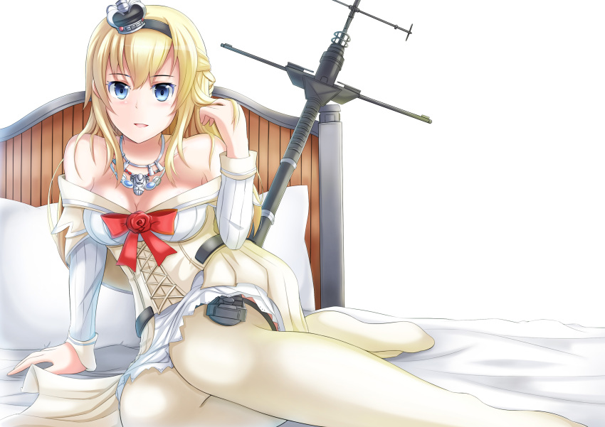 1girl absurdres bare_shoulders benmarco blonde_hair blue_eyes braid breasts corset crossed_legs crown dress flower french_braid garter_straps hairband highres jewelry kantai_collection large_breasts long_hair long_sleeves looking_at_viewer lying mini_crown off_shoulder on_bed open_mouth pillow red_ribbon red_rose ribbon rose scepter smile solo thigh-highs warspite_(kantai_collection) white_background white_dress white_legwear