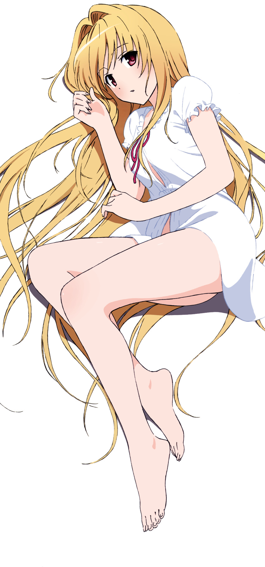 1girl absurdres blonde_hair bottomless brown_eyes dress_shirt from_above highres konjiki_no_yami long_hair looking_at_viewer lying on_side shirt simple_background solo to_love-ru white_background white_shirt