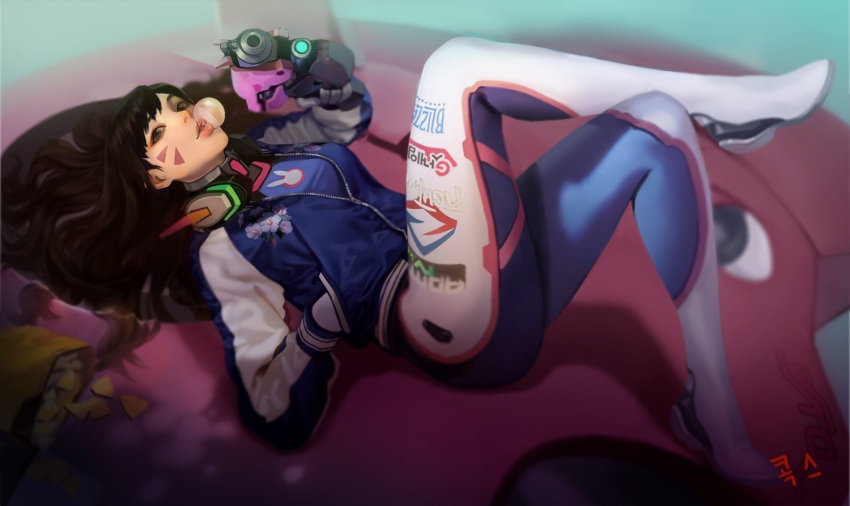1girl acronym artist_name bangs blue_jacket bodysuit boots breasts brown_eyes brown_hair bubble_blowing bubblegum bunny_print character_name chips crossed_legs d.va_(overwatch) doritos emblem eyeliner facepaint facial_mark floral_print gloves gum gun hand_in_pocket hand_up handgun headphones headphones_around_neck holding holding_gun holding_weapon jacket kogseu letterman_jacket lips logo long_hair long_sleeves lying makeup mecha medium_breasts meka_(overwatch) nose on_back overwatch parted_lips pilot_suit pink_lips pointing pointing_at_viewer ribbed_bodysuit skin_tight solo thigh-highs thigh_boots thigh_strap turtleneck weapon whisker_markings white_boots white_gloves zipper