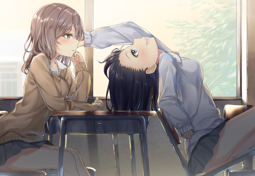 2girls :d blue_eyes blue_hair blush breasts brown_hair chair chin_rest classroom collared_shirt desk eye_contact hakuishi_aoi hand_on_another's_cheek hand_on_another's_face indoors leaning_back leaning_on_object long_hair long_sleeves looking_at_another looking_back medium_breasts multiple_girls open_mouth original pleated_skirt school_desk school_uniform shirt sitting skirt smile sweater yuri