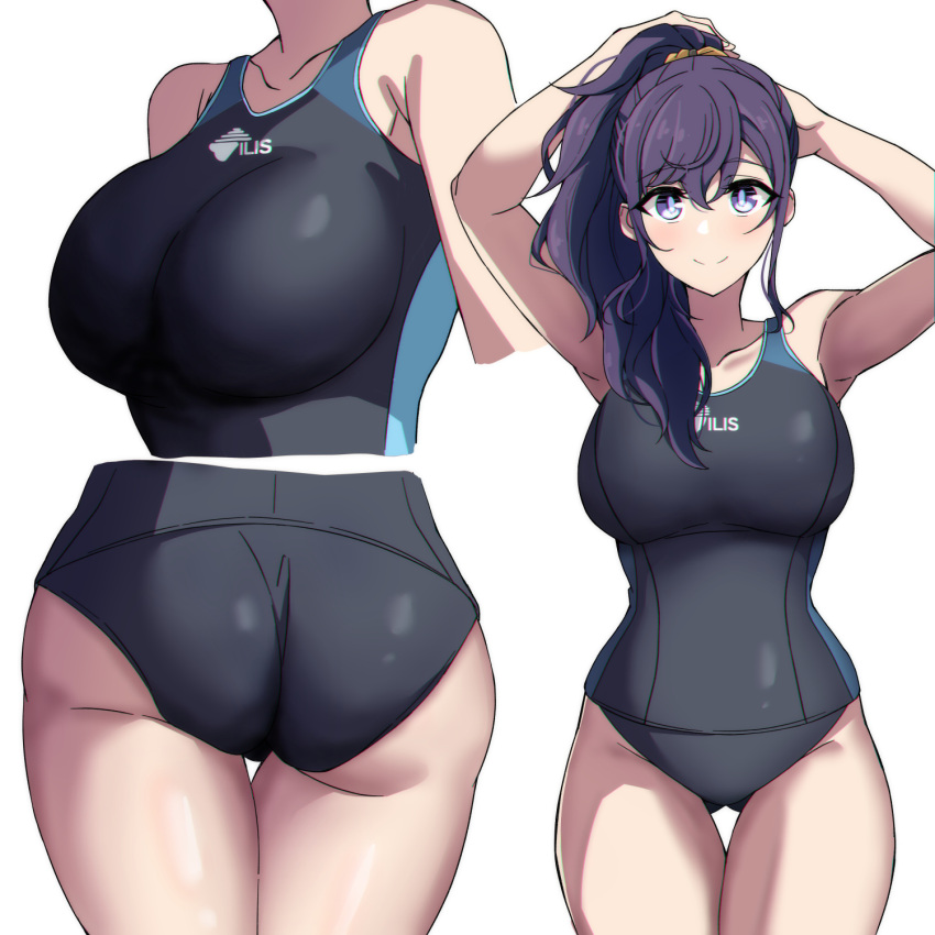 1girl adjusting_hair arimon_(dfrgty12) armpits asahina_mafuyu ass bangs black_swimsuit breasts closed_mouth competition_swimsuit hair_between_eyes hair_ornament highres large_breasts long_hair looking_at_viewer one-piece_swimsuit ponytail project_sekai purple_hair smile solo standing swimsuit thighs violet_eyes
