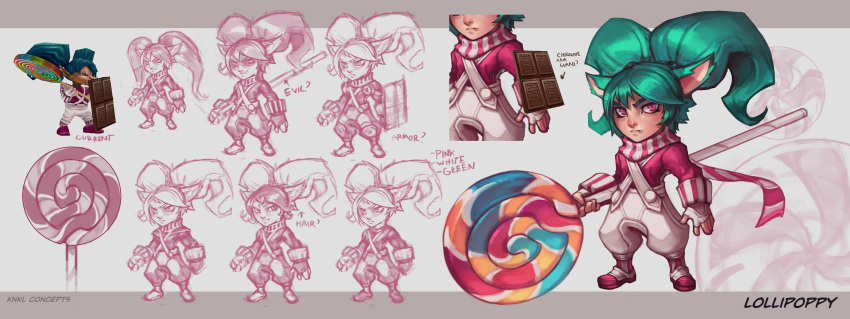 1girl alternate_costume alternate_hair_length alternate_hairstyle animal_ears artist_name blue_hair buckler candy character_name chocolate_bar concept_art fang fingerless_gloves gloves highres kienan_lafferty league_of_legends lollipop multiple_views overalls poppy red_eyes scarf shield sketch slit_pupils striped twintails