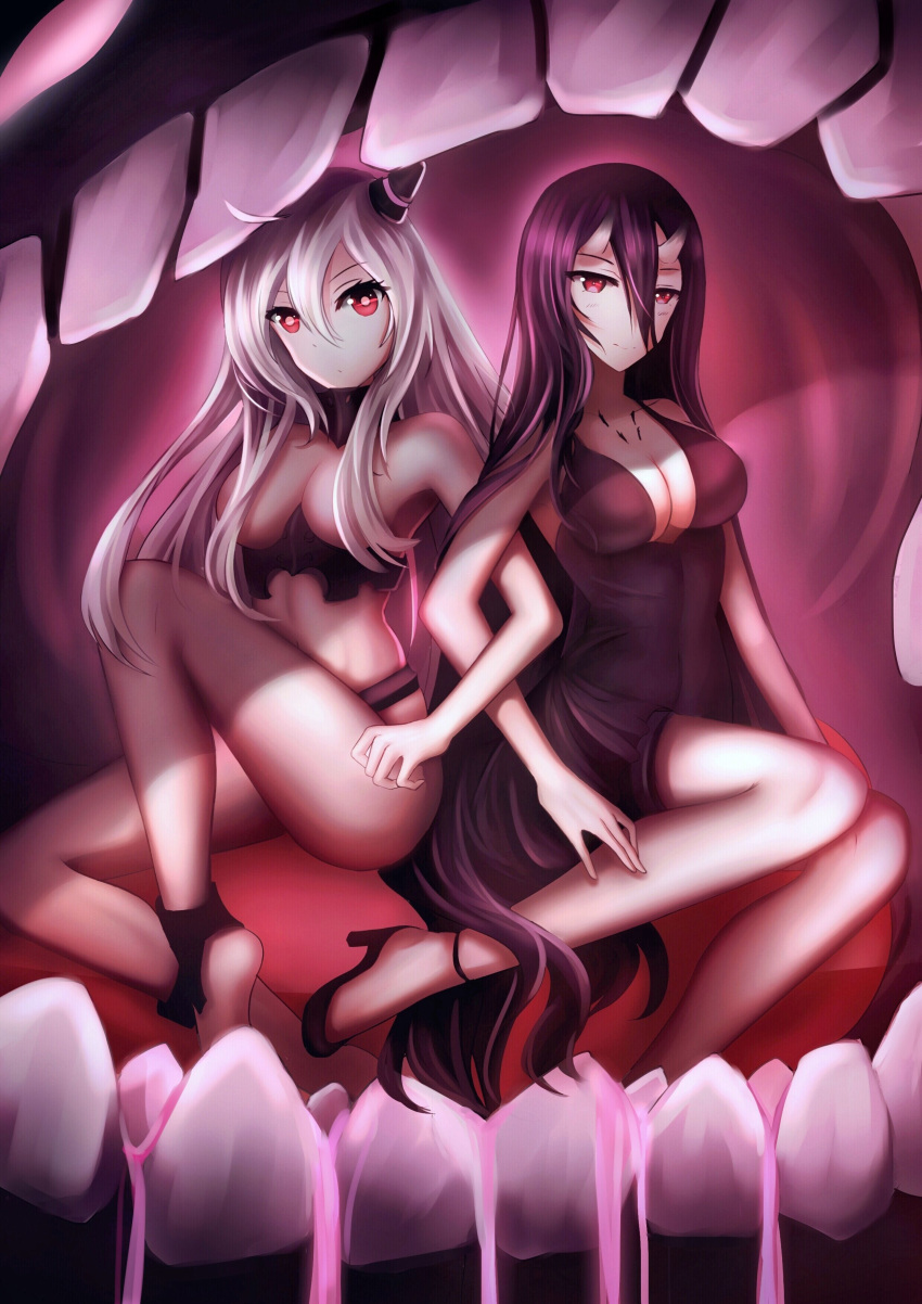 2girls absurdres airfield_hime barefoot battleship_hime black_dress black_hair breasts cleavage collarbone convenient_censoring dress hair_between_eyes high_heels highres horns jewelry kantai_collection locked_arms long_hair medium_breasts multiple_girls necklace red_eyes silver_hair sitting tooth zqzqy