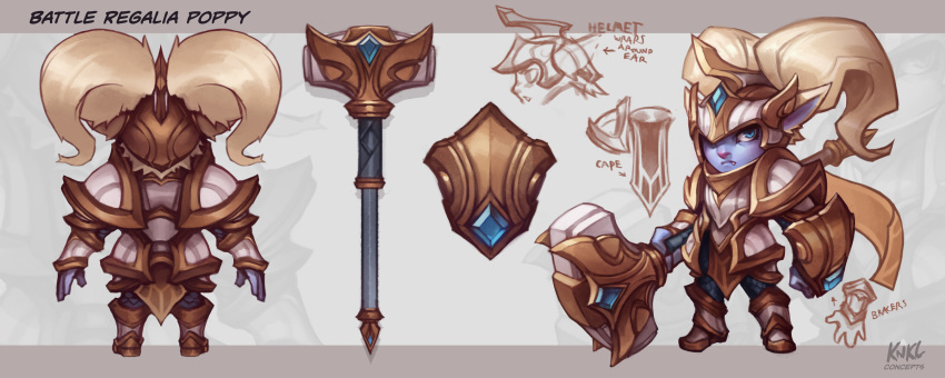 1girl alternate_costume animal_ears armor artist_name blue_eyes buckler character_name concept_art fang gauntlets hammer helmet highres kienan_lafferty league_of_legends multiple_views poppy scarf shield turnaround twintails weapon white_hair